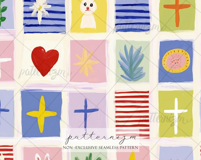 Seamless Easter Patchwork Pattern Digital Download – Whimsical Bunny & Cross Grid Design, Colorful Holiday Fabric for Kids Nursery