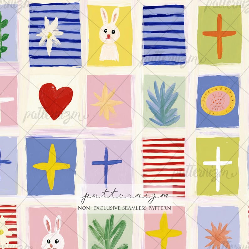 Seamless Easter Patchwork Pattern Digital Download – Whimsical Bunny & Cross Grid Design, Colorful Holiday Fabric for Kids Nursery image 1