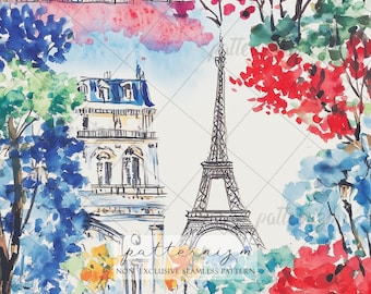 Seamless Paris Pattern Digital Download – Eiffel Tower Watercolor, French Cityscape, Romantic Travel Design