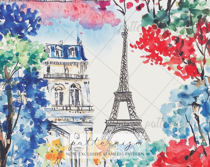 Seamless Paris Pattern Digital Download – Eiffel Tower Watercolor, French Cityscape, Romantic Travel Design