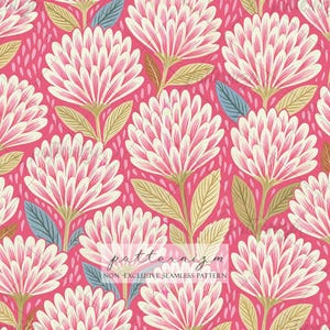 May include: A seamless repeating pattern featuring stylized pink and white globe-shaped flowers with light green leaves on a vibrant pink background. The text "patternizm NON-EXCLUSIVE SEAMLESS PATTERN" is overlaid in the center of the image.
