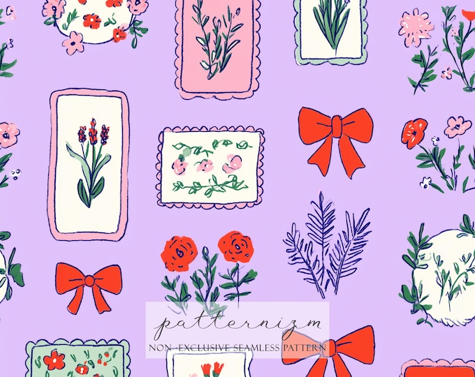 Coquette Seamless Pattern – Floral Frames with Red Bows on Lavender, Girly Digital Paper