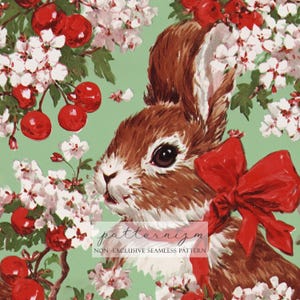 May include: A vintage-style illustration of a brown rabbit with a red bow, surrounded by red cherries and white blossoms on a light green background. The image has the text "patternizm" and "NON-EXCLUSIVE SEAMLESS PATTERN".