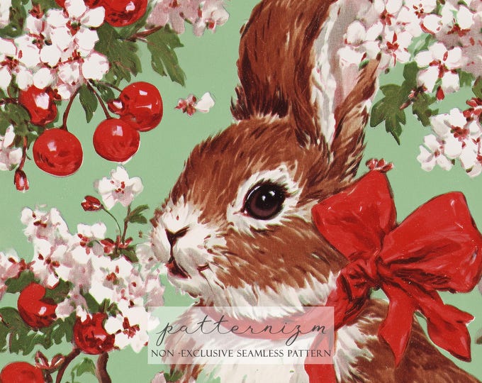 Seamless Vintage Bunny Pattern Digital Download – Cute Rabbit with Cherries & Floral Garden Design, Storybook Printable, Whimsical Fabric