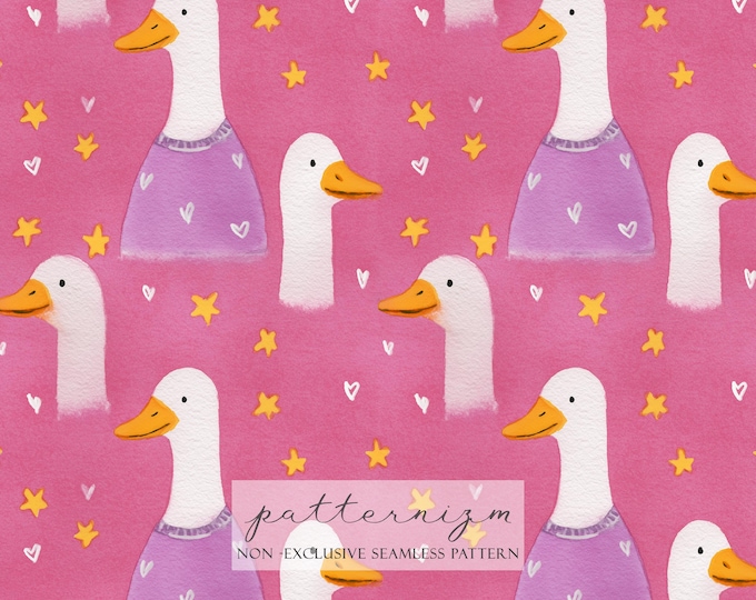 Goose Seamless Pattern – Cute White Geese in Purple Shirt with Yellow Stars on Pink Background, Digital Paper for Kids & Nursery