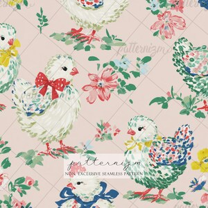 May include: A seamless pattern featuring white chickens with colorful accents, bows, and floral details. The design includes pink, red, blue, and yellow flowers, with the text "patternizm NON-EXCLUSIVE SEAMLESS PATTERN" on a light pink background.