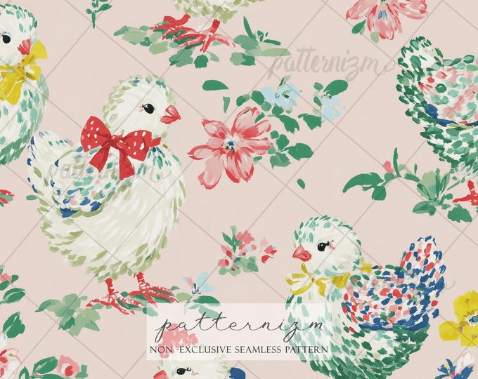 Cute Chicken Bow Seamless Pattern Digital Download – Cottagecore Farm Floral Design, Whimsical Hen Print, Pastel Fabric for Kids