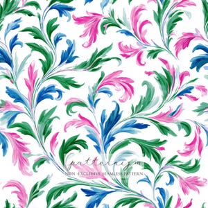 Könnte beinhalten: Nahtloses Muster mit stilisierten floralen Elementen in Rosa, Blau und Grün auf weißem Hintergrund. Das Design zeigt wirbelnde Blätter und Zweige, die ein fließendes, dekoratives Muster bilden. Der Text "patternizm" und "NON-EXCLUSIVE SEAMLESS PATTERN" sind sichtbar.