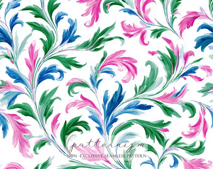 Baroque Leaf Seamless Pattern – Pink, Green, Blue Painted Foliage Design, Elegant Botanical Texture for Fabric & Wallpaper, Digital Download