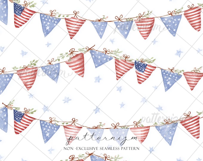 4th of July Bunting Seamless Pattern Digital Download – Patriotic Flag Garland Design, Red Blue Stars Print, Americana Fabric Decor