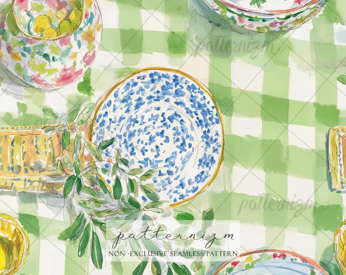 Mediterranean Table Seamless Pattern – Watercolor Plates & Olives on Gingham, Italian Dinner Design, Foodie Kitchen Decor Digital Download