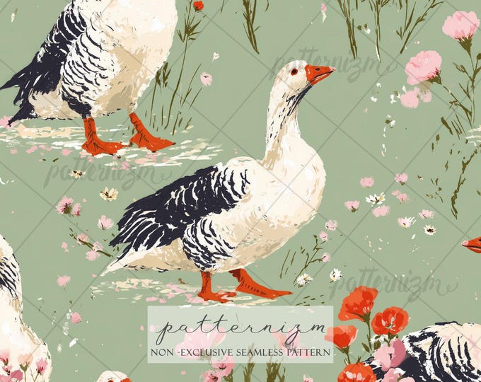 Seamless Goose Meadow Pattern Digital Download – Cottagecore Geese with Wildflowers Illustration