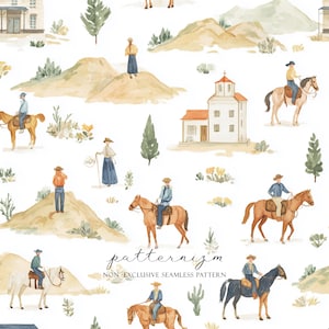 May include: Watercolor seamless pattern featuring cowboys and horses in a desert landscape. The design includes buildings, cacti, and figures on horseback, with the text "patternizm" and "NON-EXCLUSIVE SEAMLESS PATTERN". The color palette is soft, with beige, brown, and green hues.