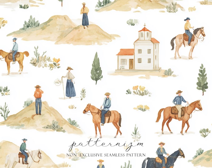 Watercolor Western Cowboy Seamless Pattern Digital Paper – Cute Ranch Scene, Vintage Country Repeat Design