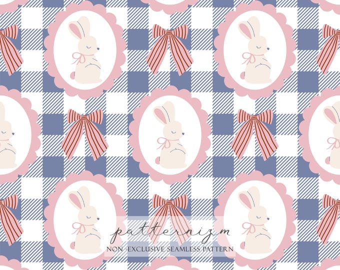 Blue Gingham Cute Bunny Seamless Pattern, Preppy Background, Cottage Pink Plaid Pattern, Pastel Blue Gingham Seamless, Digital, Trendy