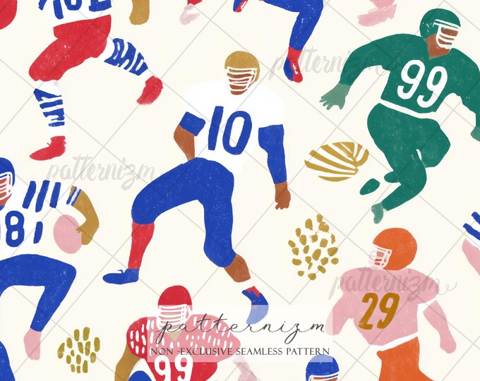American Football Player Seamless Pattern - Retro Sport Illustration Repeat Design, Colorful Athlete Print, Kids Room & Game Decor