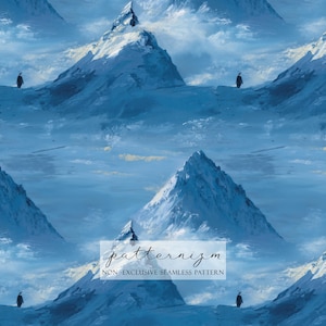 Könnte beinhalten: Nahtloses Muster mit schneebedeckten Berggipfeln und einem Pinguin. Das Kunstwerk ist in Blau- und Weißtönen gehalten, mit einem bewölkten Himmel. Der Text "patternizm" und "NON-EXCLUSIVE SEAMLESS PATTERN" sind sichtbar.