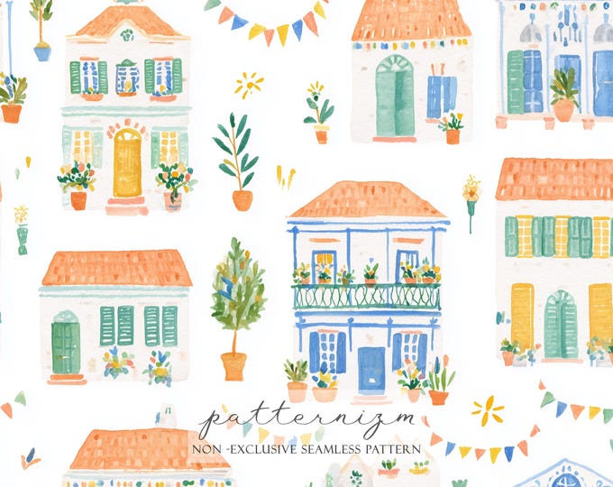 Mardi Gras Village Seamless Pattern Digital Paper – Colorful Festival Town Repeat Design