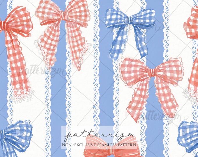 Seamless Coquette Bow Pattern Digital Download – Red Blue Gingham Ribbon Design, Patriotic Lace Stripes, 4th of July Feminine Fabric