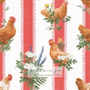 May include: Seamless pattern featuring brown chickens, white flowers, and red gingham stripes. The design includes lace-like borders and the text "patternizm NON EXCLUSIVE SEAMLESS PATTERN".