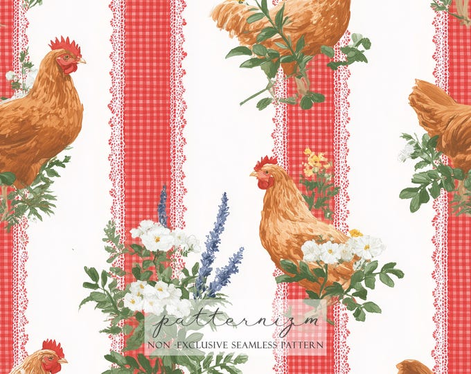 Farm Chicken Lace Stripe Seamless Pattern – Red Gingham Country Style, Floral Farmhouse Digital Paper for Crafts & Fabric
