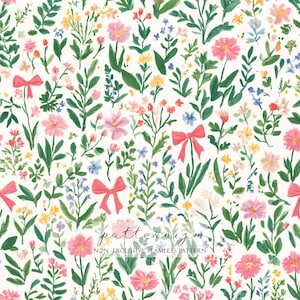 May include: A seamless pattern featuring a variety of colorful flowers and greenery on a white background. Pink bows are scattered throughout the design. The text "patternizm" and "NON-EXCLUSIVE SEAMLESS PATTERN" are at the bottom.
