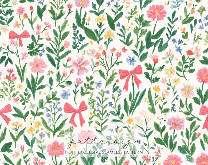 Floral Meadow Bow Seamless Pattern – Painted Flowers with Cute Ribbon Bows, Girly Digital Paper