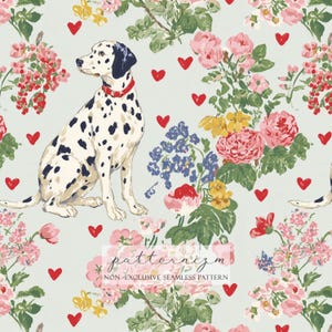 May include: Seamless pattern featuring a Dalmatian dog with black spots, a red collar, and red hearts. The design includes pink, yellow, and blue floral arrangements on a light blue background. The text "patternizm" is also visible.