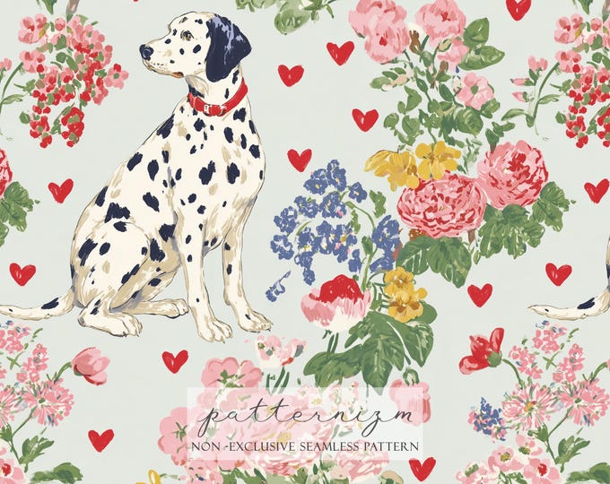 Dalmatian Dog Floral Seamless Pattern – Vintage Flowers with Hearts, Cute Puppy Valentine Digital Paper for Crafts & Fabric