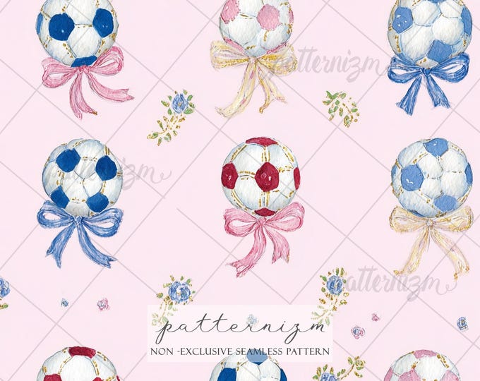Seamless Pastel Soccer Pattern Digital Download – Cute Bow Football Design, Soft Girly Sports Print, Kids Fabric & Nursery Decor