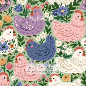 May include: Seamless pattern featuring colorful cartoon chickens and flowers on a light green background. The chickens are in shades of pink, purple, blue, and white, surrounded by various flowers and foliage. The pattern is suitable for fabric or wallpaper.