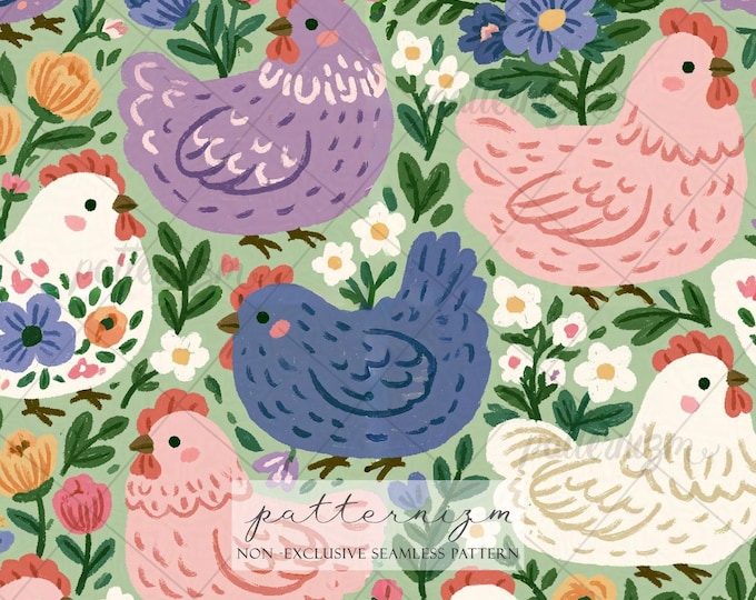 Pastel Chicken Seamless Pattern Digital Download – Floral Hen Farmhouse Fabric Print for Cottagecore Decor