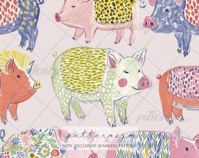 Seamless Cute Pig Pattern Digital Download – Whimsical Farm Pig Illustration, Cottagecore Farm Animal Fabric Design
