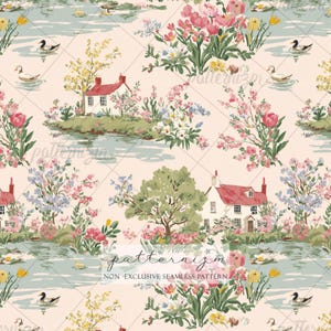 Romantisches Landhaus See Muster - Frühlingsgarten mit Enten, Blumen, Vintage Toile Digitales Papier für Bastelarbeiten & Stoffe