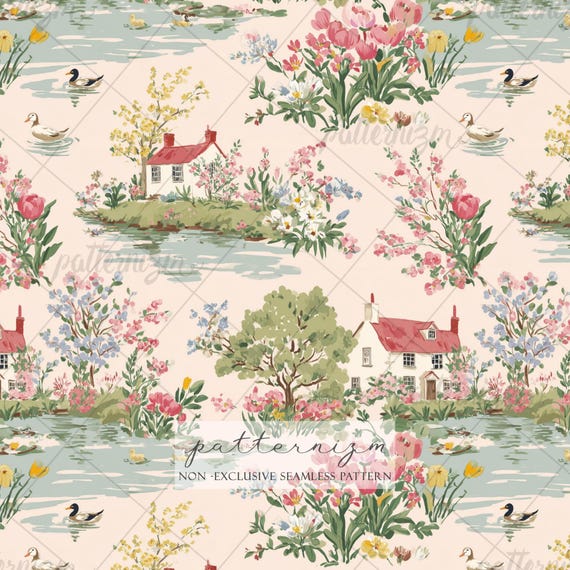 Romantic Cottage Lake Seamless Pattern – Spring Garden with Ducks, Flowers, Vintage Toile Digital Paper for Crafts & Fabric