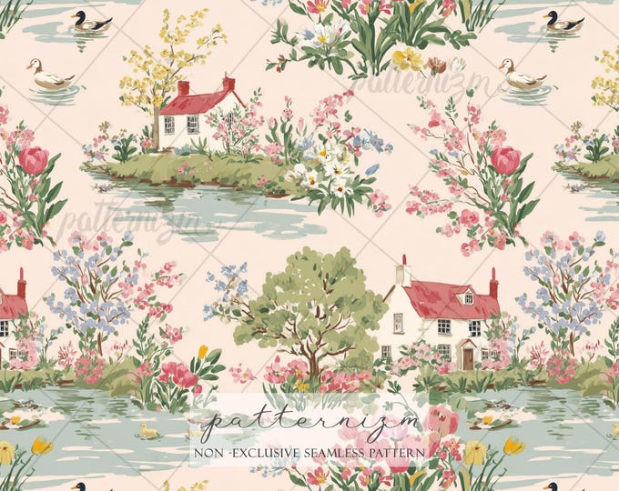 Romantic Cottage Lake Seamless Pattern – Spring Garden with Ducks, Flowers, Vintage Toile Digital Paper for Crafts & Fabric