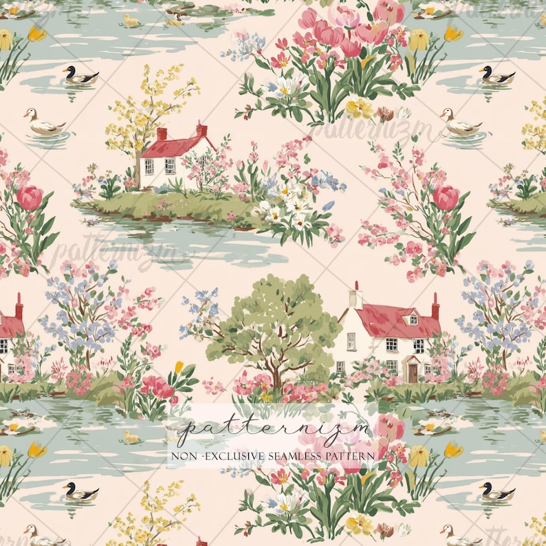 Romantic Cottage Lake Seamless Pattern – Spring Garden with Ducks, Flowers, Vintage Toile Digital Paper for Crafts & Fabric image 1