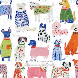 May include: A repeating pattern of illustrated dogs in various colours and outfits. The dogs are depicted wearing sweaters and coats, set against a white backdrop. The artwork has a hand-painted style with visible brushstrokes and a playful aesthetic.