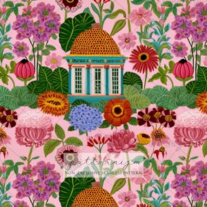 May include: A seamless pattern featuring a pink background with a repeating design of flowers, foliage, and a building with a golden dome. The flowers are in shades of pink, purple, orange, and red. The text "patternizm" and "NON-EXCLUSIVE SEAMLESS PATTERN" are at the bottom.