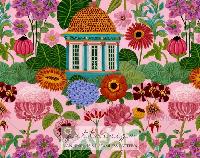 Seamless Victorian Garden Pattern Digital Download – Pink Floral & Classical Pavilion Design, Lush Botanical Fabric for Crafts