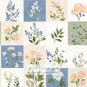 Peut inclure: Un motif sans couture avec des illustrations à l'aquarelle de fleurs et de feuillages. Le motif est disposé en grille de carrés aux couleurs pastel, dont le bleu, le pêche et le vert. Le texte "patternizm" et "NON-EXCLUSIVE SEAMLESS PATTERN" est en bas.