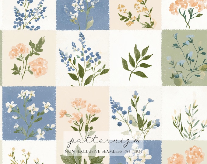 Seamless Botanical Patchwork Pattern Digital Download – Painted Floral Squares, Cottagecore Quilt Style, Vintage Garden Fabric