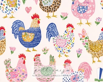 Colorful Farm Chicken Pattern – Whimsical Hen and Rooster Seamless Design, Cute Animal Digital Paper for Kids Decor Fabric, Digital Paper
