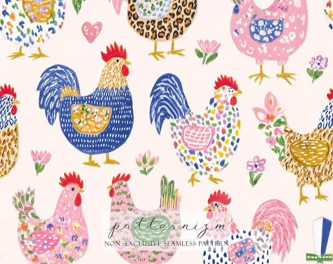 Colorful Farm Chicken Pattern – Whimsical Hen and Rooster Seamless Design, Cute Animal Digital Paper for Kids Decor Fabric, Digital Paper