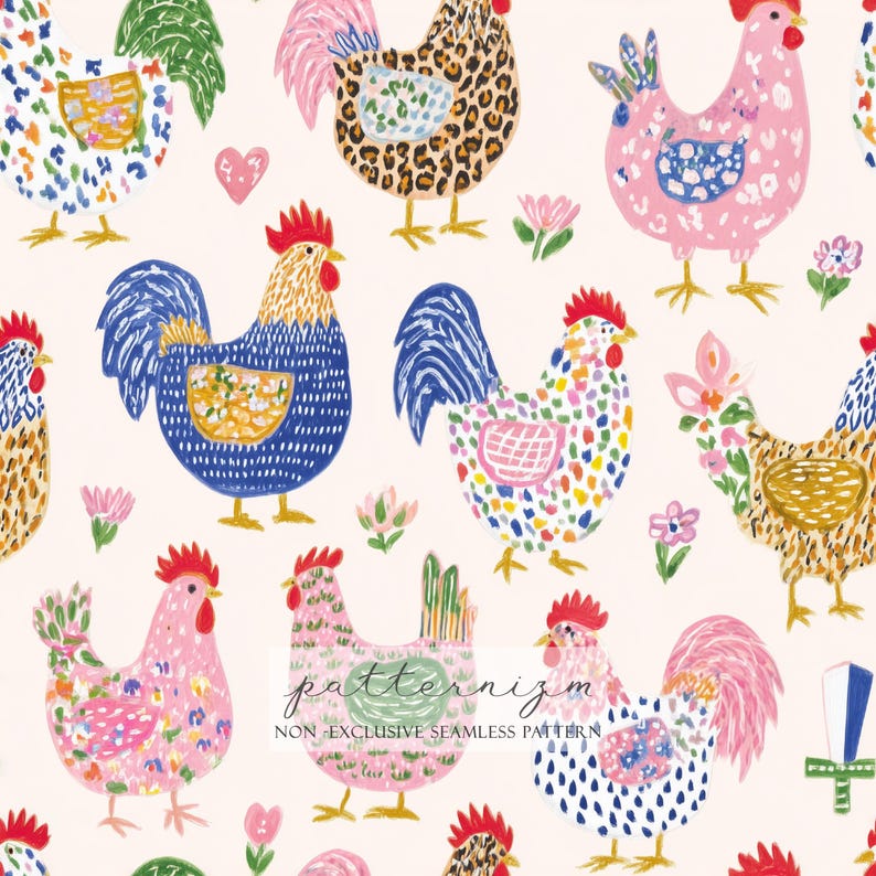 May include: A repeating pattern of colorful chickens and roosters in various designs, including floral, leopard print, and polka dots. The background is a soft cream color, with small flowers and hearts scattered throughout. The text "patternizm" is visible.
