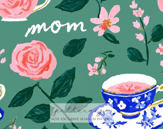 Seamless Mom Tea Floral Pattern Digital Download – Vintage Teacups and Roses, Mothers Day Fabric, Cottagecore Botanical Design