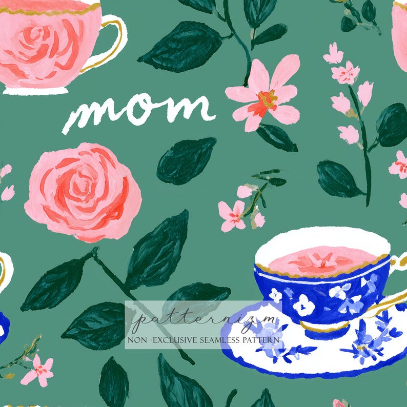 Seamless Mom Tea Floral Pattern Digital Download – Vintage Teacups and ...