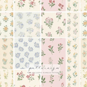 May include: A collection of floral patterns in various colors, including pink, yellow, red, and blue, arranged in a grid. The patterns feature different flower types and arrangements on a cream and pink background. The text "patternizm" and "NON -EXCLUSIVE SEAMLESS PATTERN" are visible.