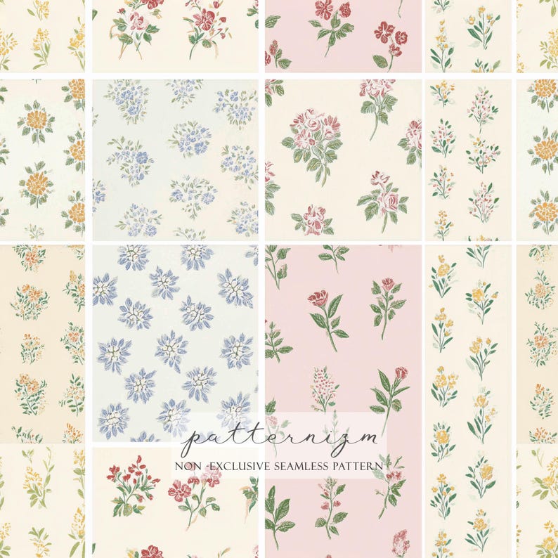 May include: A collection of floral patterns in various colors, including pink, yellow, red, and blue, arranged in a grid. The patterns feature different flower types and arrangements on a cream and pink background. The text "patternizm" and "NON -EXCLUSIVE SEAMLESS PATTERN" are visible.