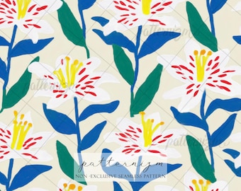 Wzór lilii bez szwu do pobrania w wersji cyfrowej – wyrazisty graficzny wzór kwiatowy, niebieskie liście i białe płatki, nowoczesny skandynawski wzór do druku